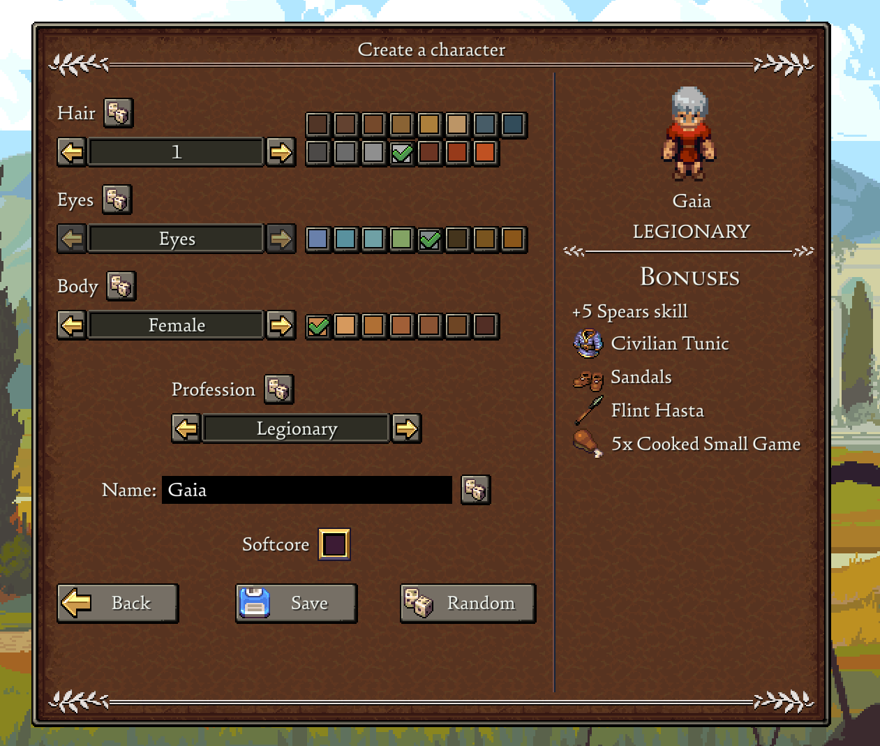 Romestead character creation screen showing the choice of starting class among the eight options
