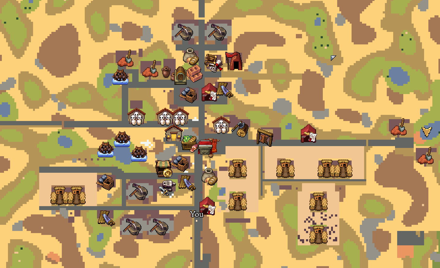 Romestead settlement overview on the map, showing roads linking workshops, farms, storage and tents across the terrain
