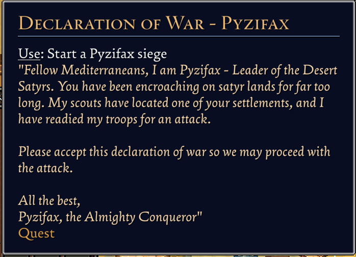 Declaration of War Pyzifax quest item tooltip showing Use Start a Pyzifax siege and full flavor text from Pyzifax leader of the Desert Satyrs