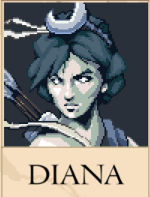 Diana portrait in Romestead, woman with dark hair and a crescent moon headpiece
