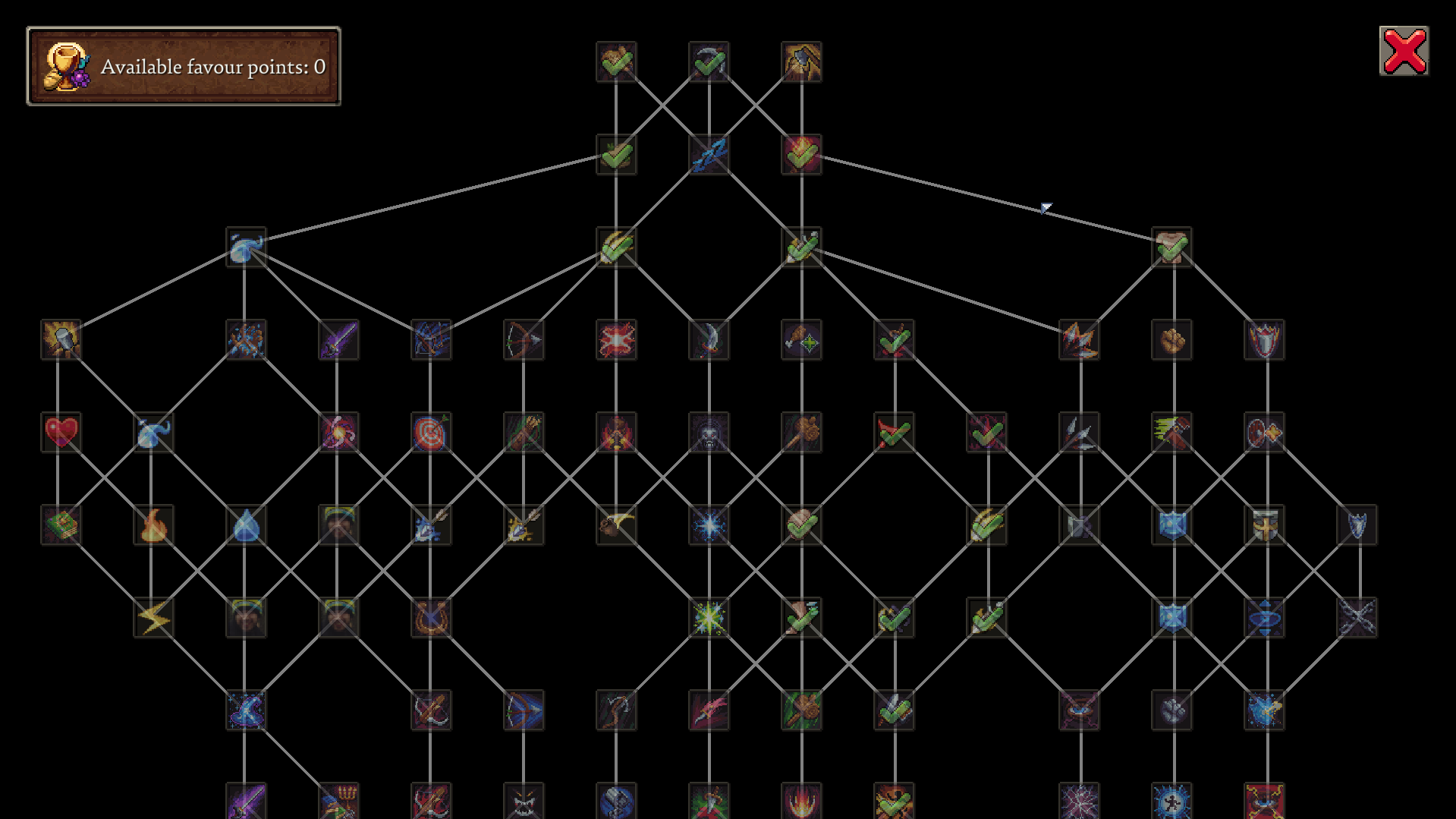 Romestead Favours talent tree screen showing multiple themed branches and dozens of talent nodes