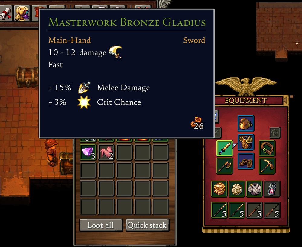 Romestead Masterwork Bronze Gladius weapon tooltip showing its damage value and stats