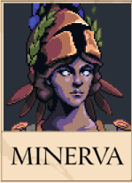 Minerva portrait in Romestead, dark-haired woman wearing a Roman helmet with laurel decoration