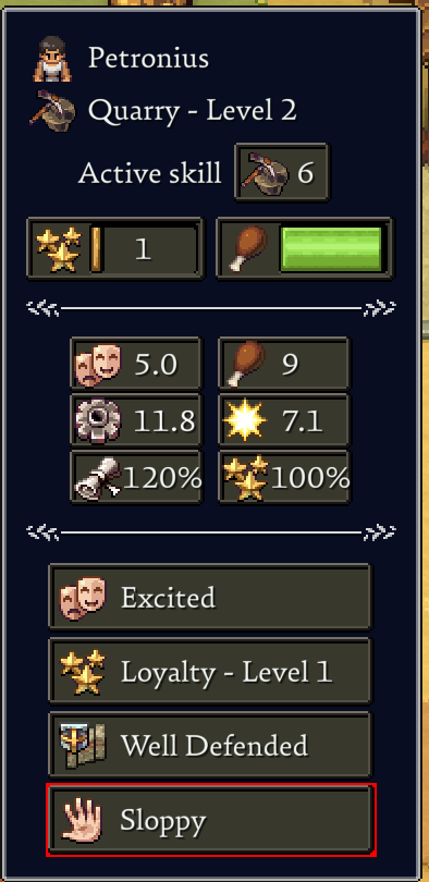 A second Romestead citizen panel showing a different spread of stat values and traits