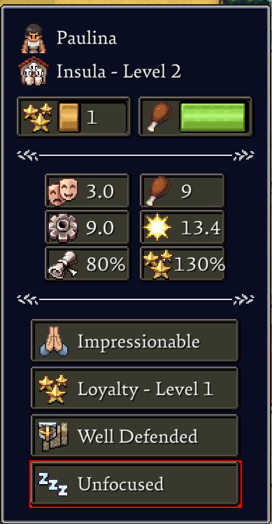 A fourth Romestead citizen panel showing stats alongside positive and negative traits