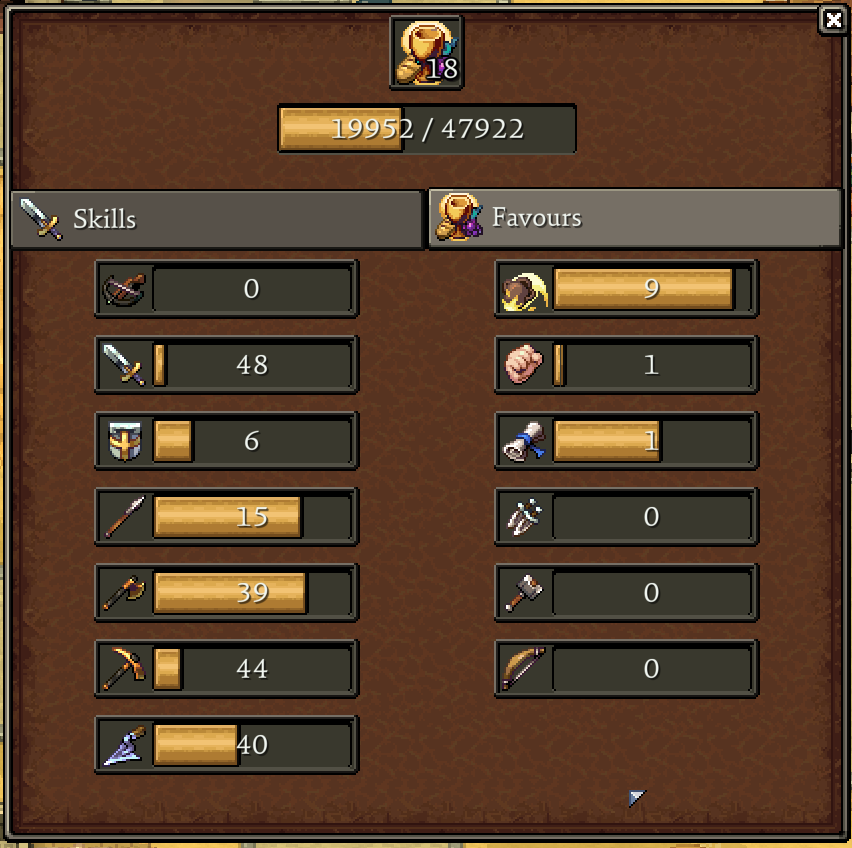 Romestead skills screen showing weapon and gathering skill levels that shape a character build