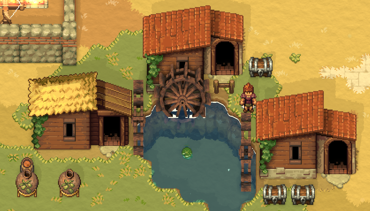 Three Romestead Watermills in different orientations, their wheels all sitting in one small pond, auto-grinding wheat into flour