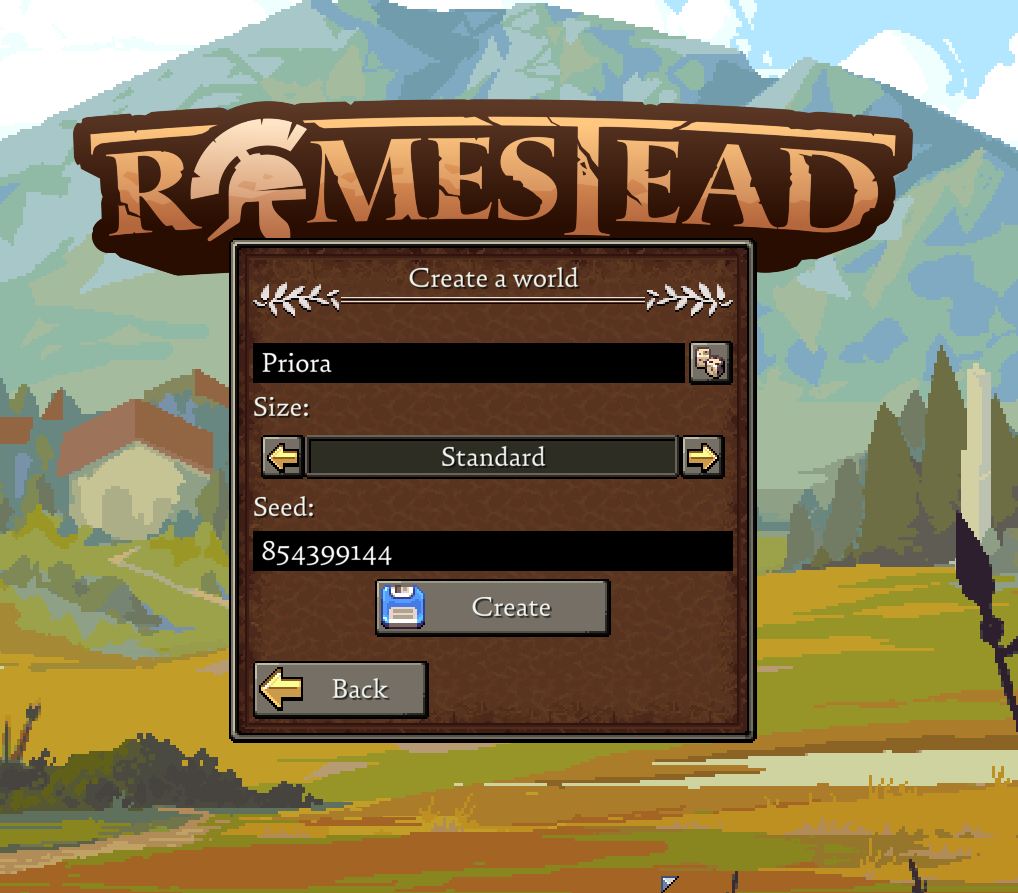 Romestead world creation screen showing the seed entry field and world size options